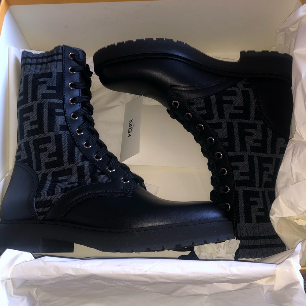 FENDI
Rockoko FF leather-trimmed combat boots